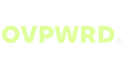 Neon green 'OVPWRD' text on a white background